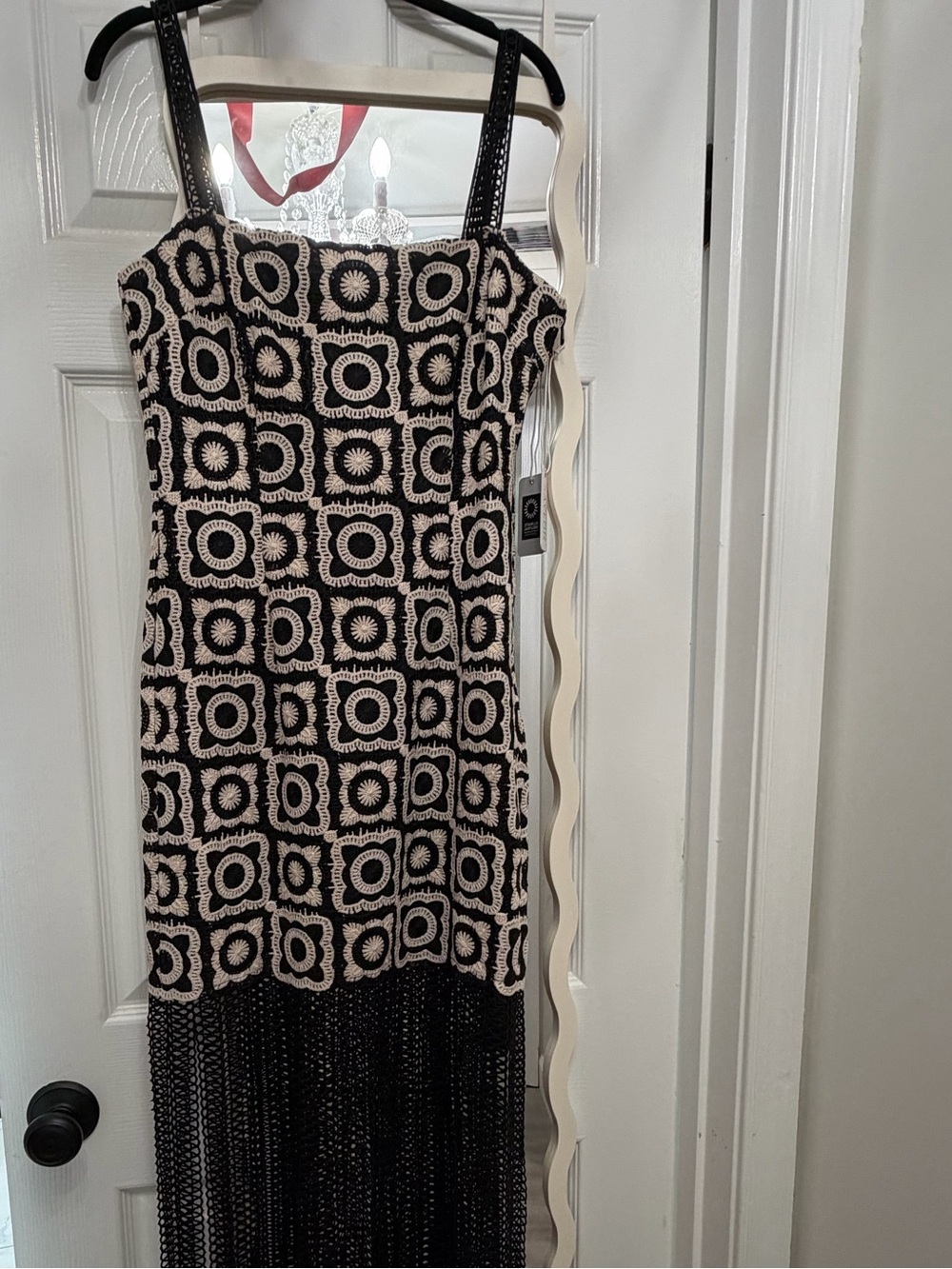 SAYLOR Black and White Crochet Midi Dress with Fringe